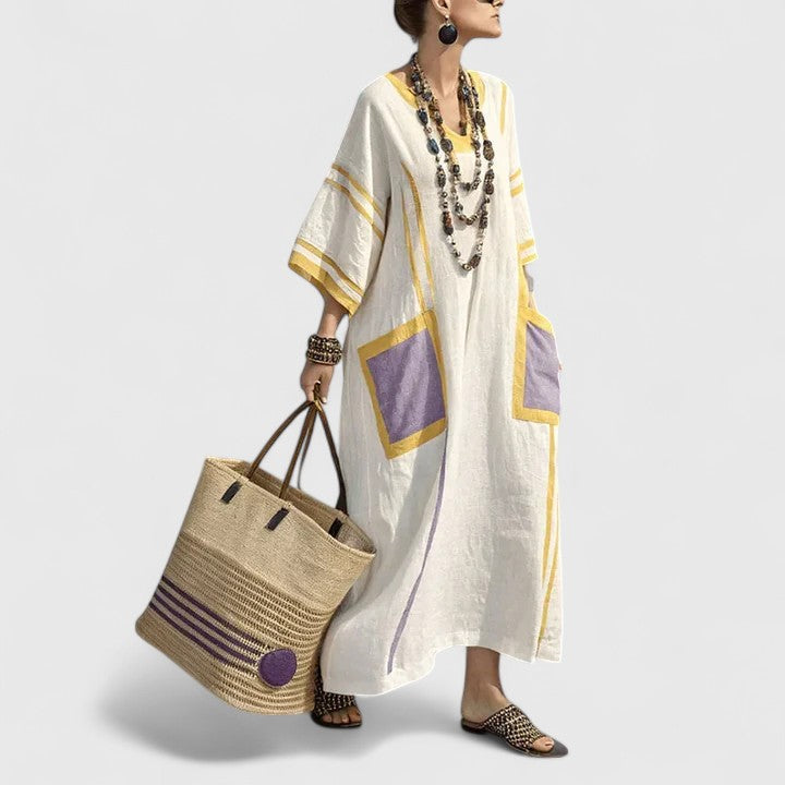Dames Maxi Jurk Bohemian V-Hals Lange Zomerjurk met Functionele Zakken 4