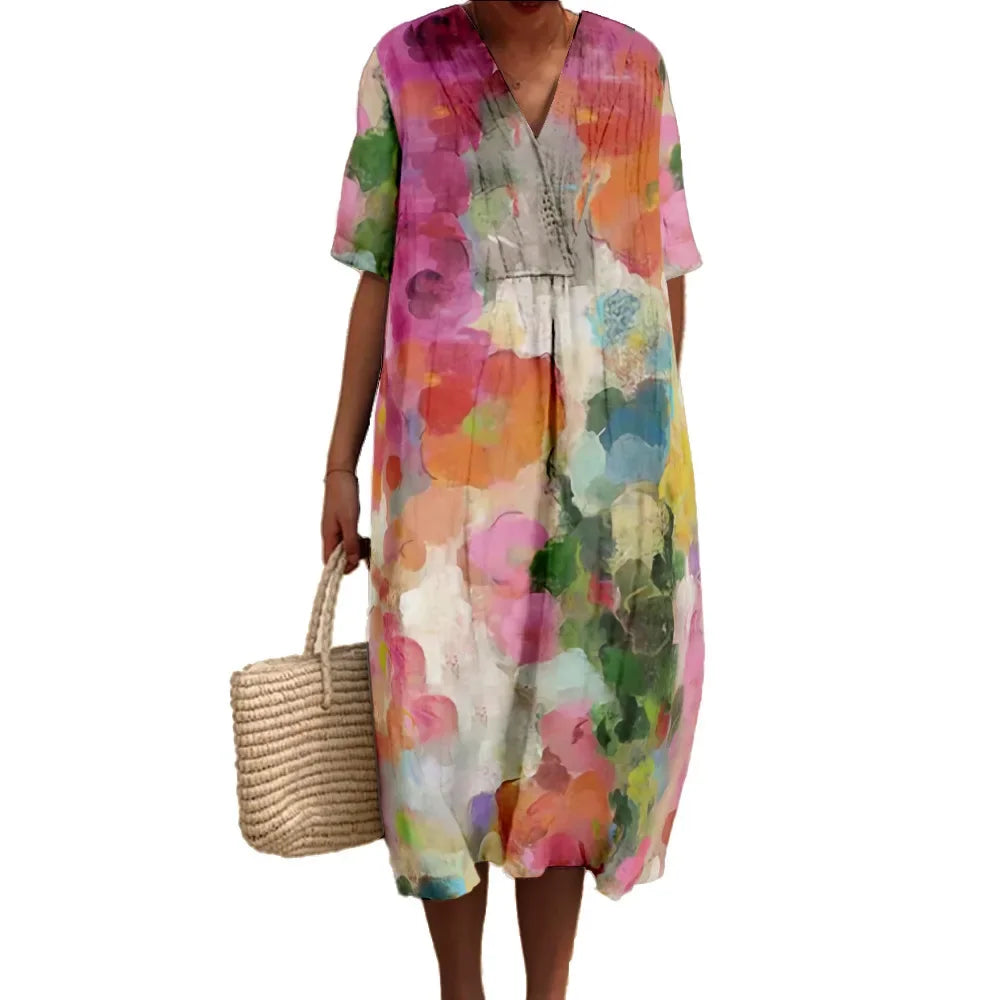 Dames Maxi Jurk V-Hals Korte Mouwen Digitale Print voor Zomer 3
