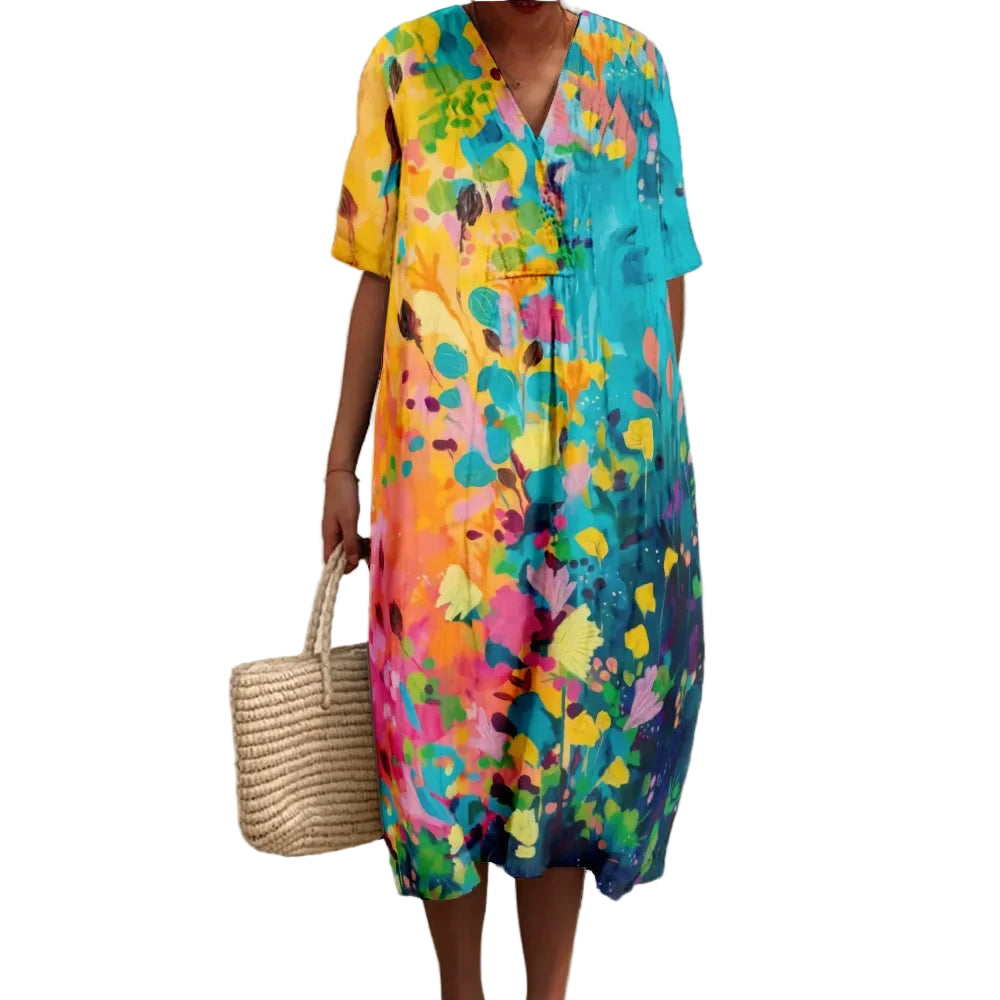 Dames Maxi Jurk V-Hals Korte Mouwen Losse Pasvorm Ademend voor Zomer 0