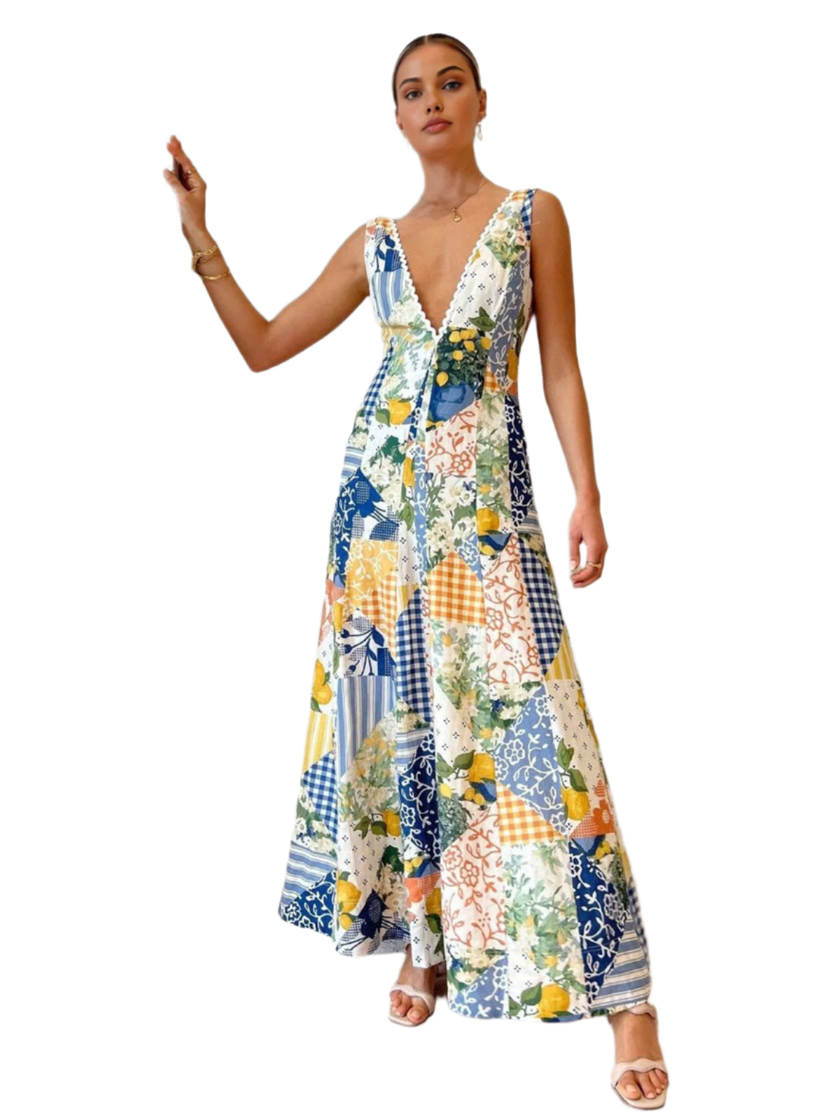 Dames Maxi Jurk V-Hals Patchwork Katoen Zomer Lange Jurk 0