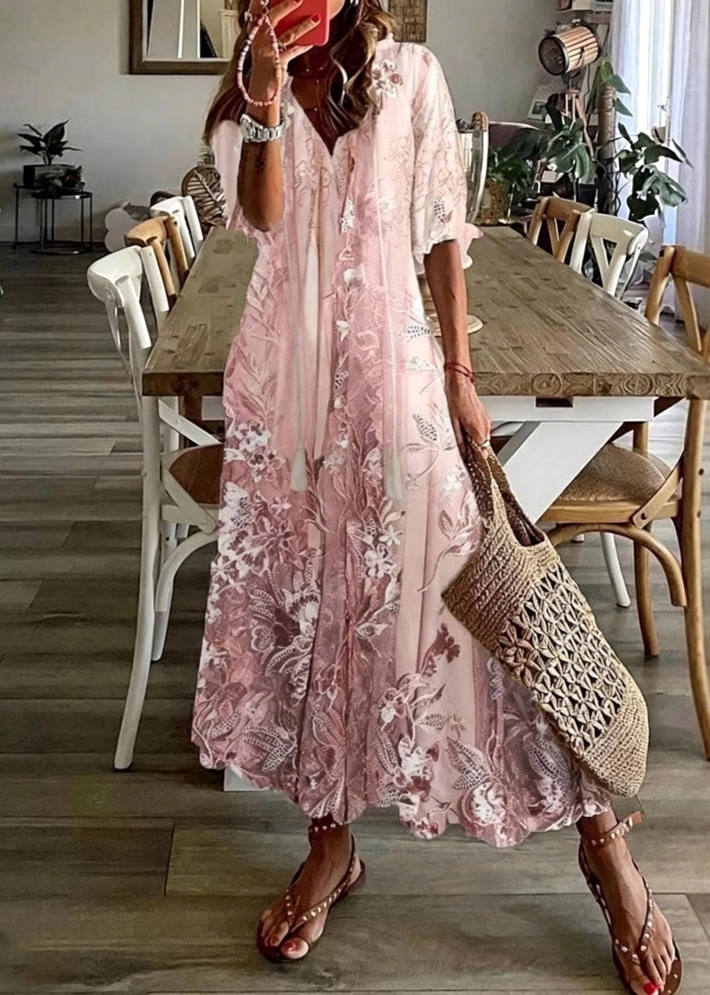 Dames Maxi Jurk V-hals met Zomerprint 2