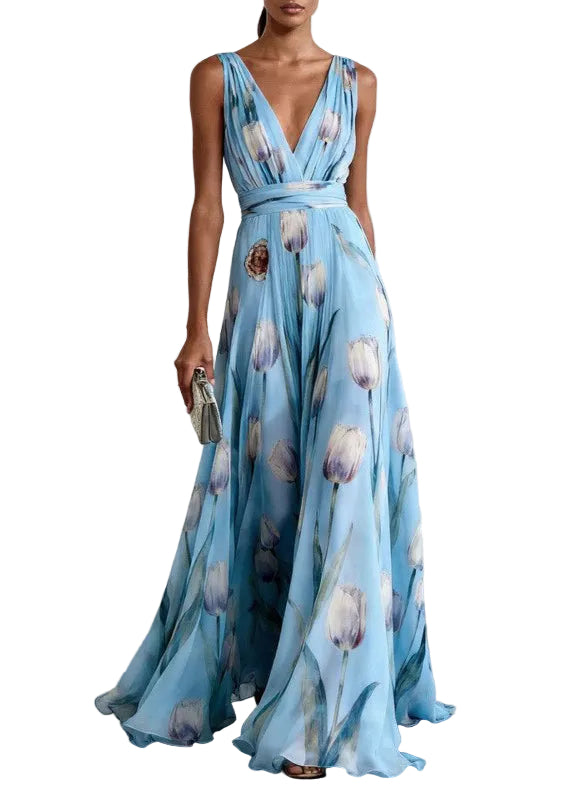 Dames Maxi Jurk met Grote Zoom en Blauwe Print 0