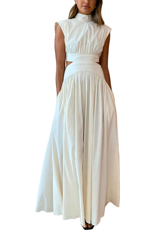 Dames Maxi Swingjurk met Hoge Hals en Uitgesneden Taille 0