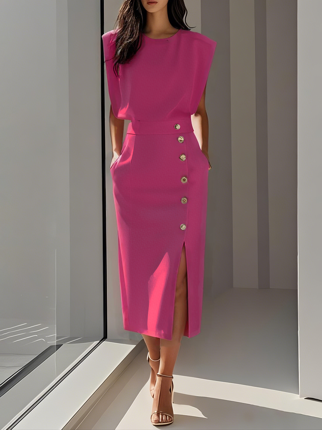 Dames Midi-jurk met Ronde Hals en Knoopsluiting 6