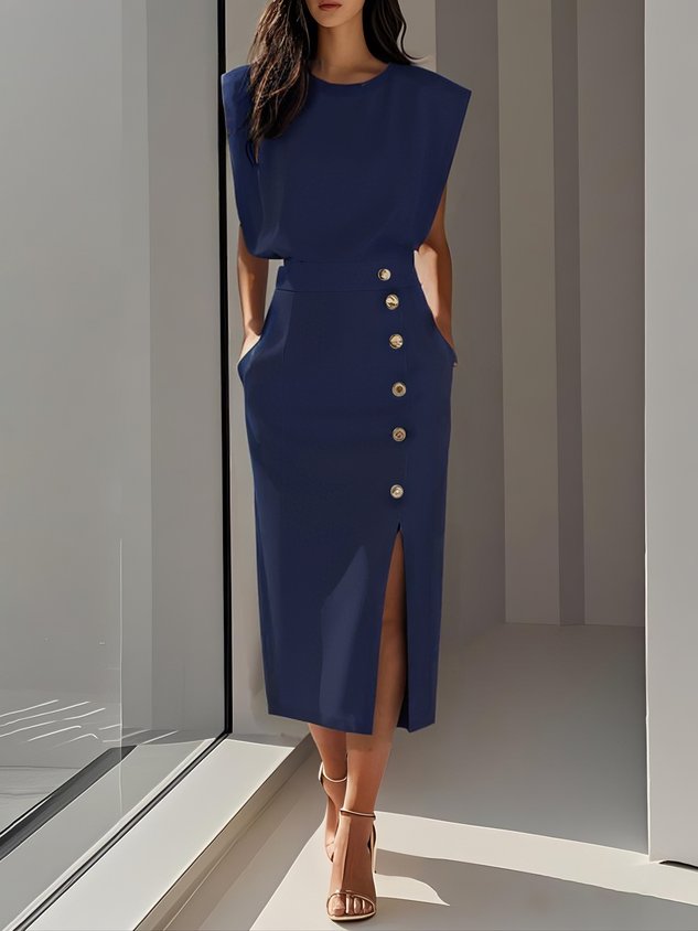 Dames Midi-jurk met Ronde Hals en Knoopsluiting 7