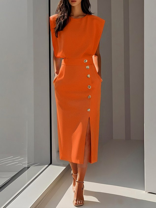 Dames Midi-jurk met Ronde Hals en Knoopsluiting 8