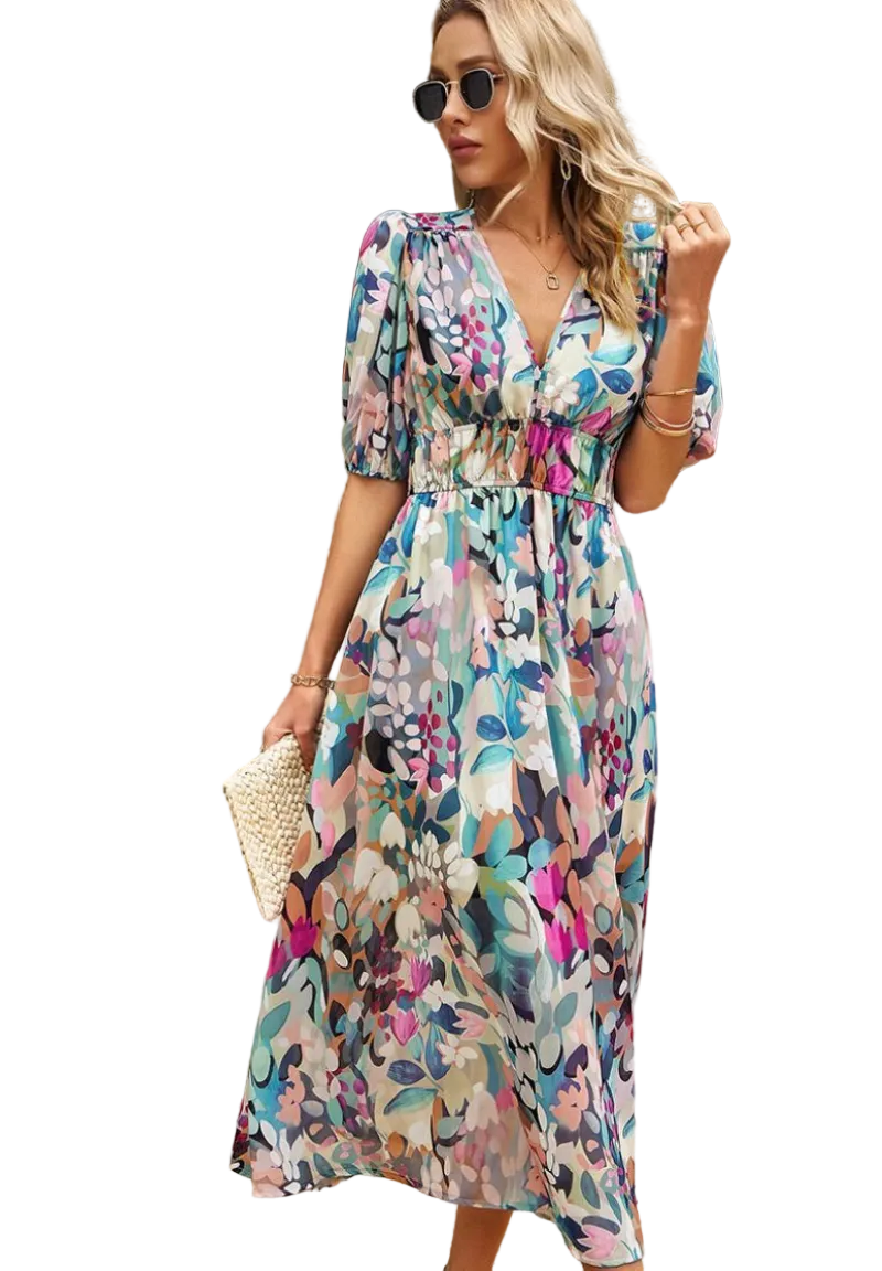 Dames Midi Jurk Floral Met Pofmouwen 0
