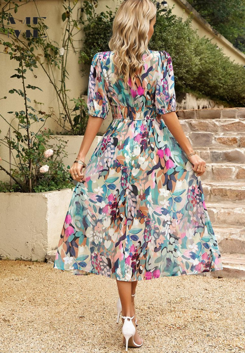 Dames Midi Jurk Floral Met Pofmouwen 2