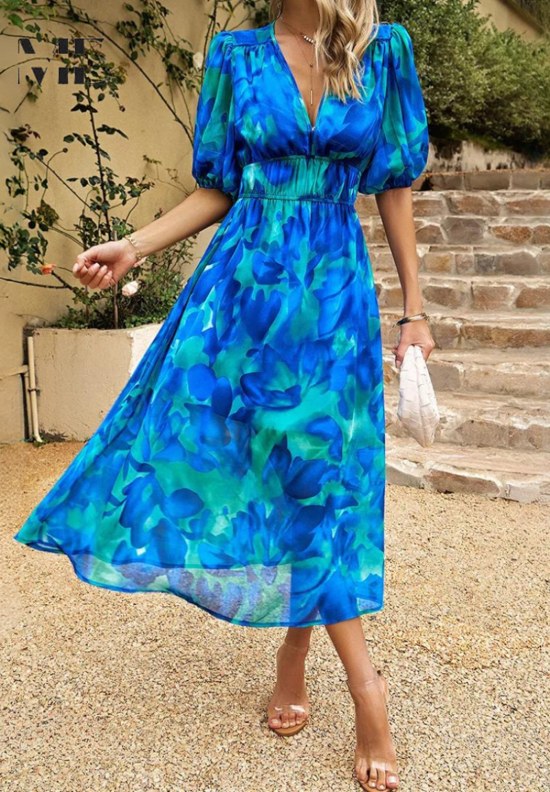 Dames Midi Jurk Floral Met Pofmouwen 8