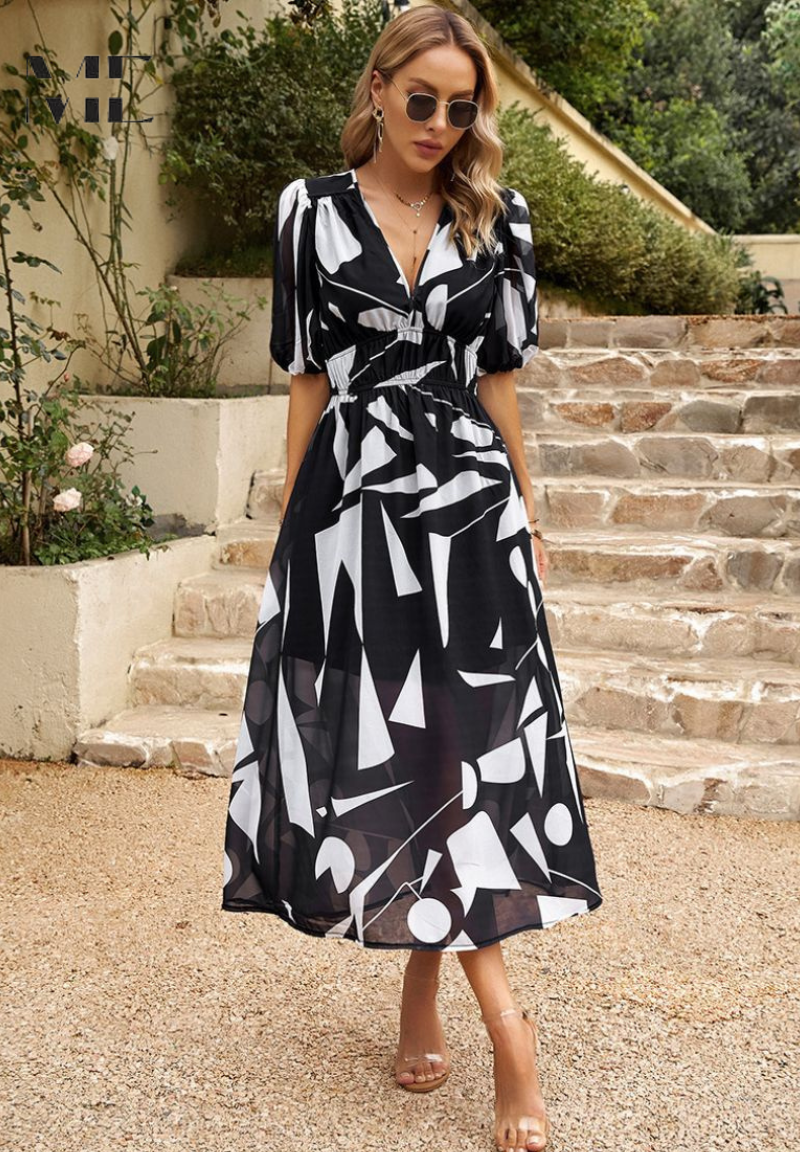 Dames Midi Jurk Floral Met Pofmouwen 9