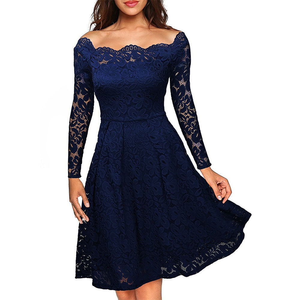 Dames Midi Jurk met Kanten Overlay en Off-Shoulder Stijl 2