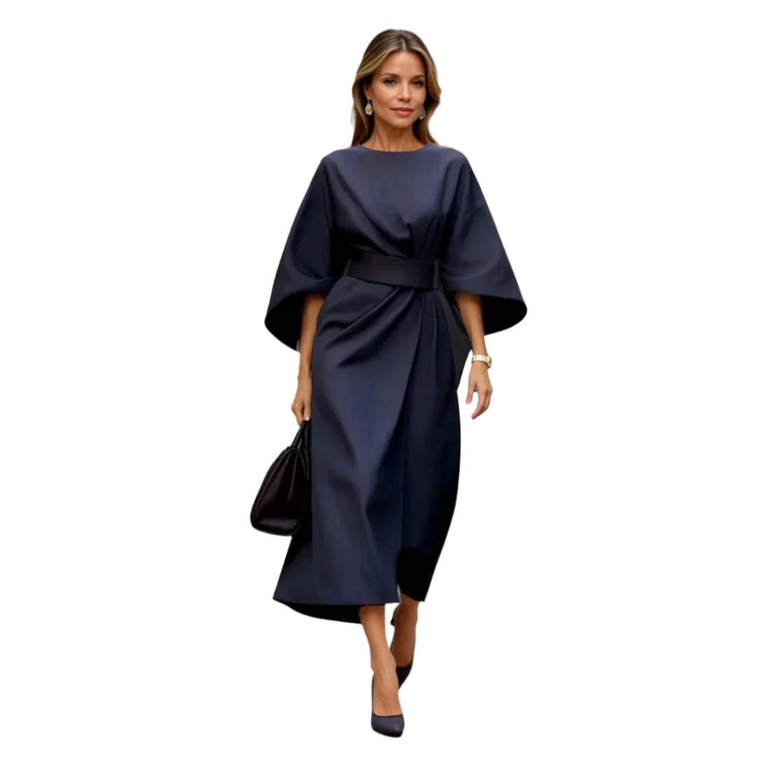 Dames Midi Jurk met Lantaarnmouwen en Ceintuur 0