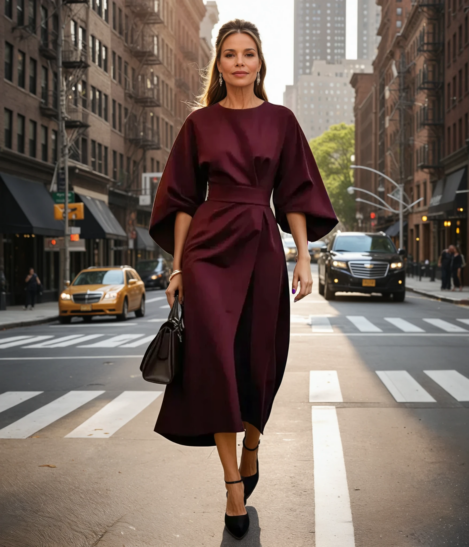 Dames Midi Jurk met Lantaarnmouwen en Ceintuur 3