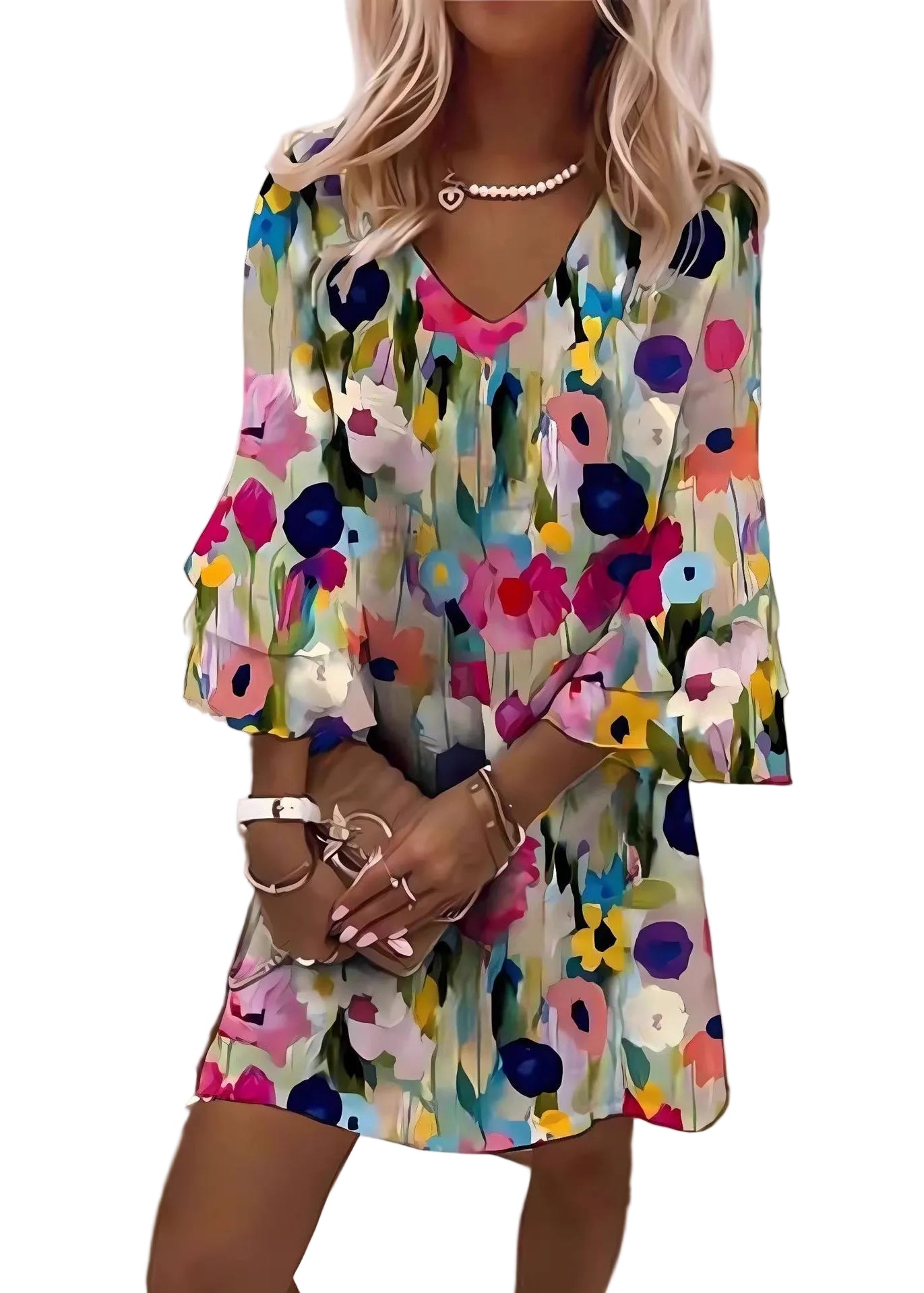 Dames Midi Jurk met V-hals en Print 0