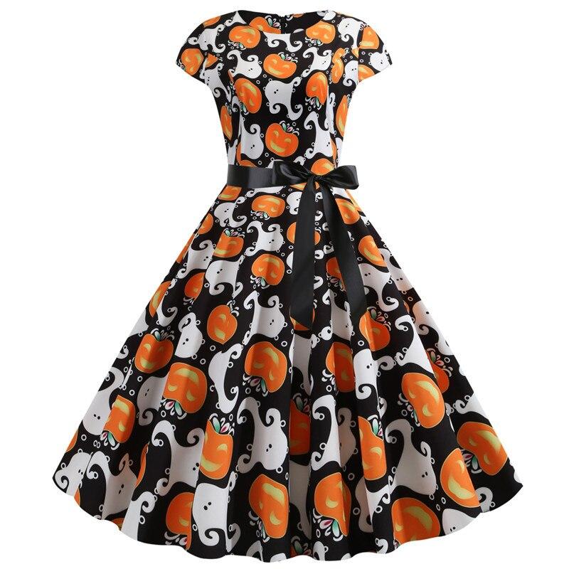 Dames Midi Kostuum Jurk met Geest en Pompoen Print voor Halloween 0