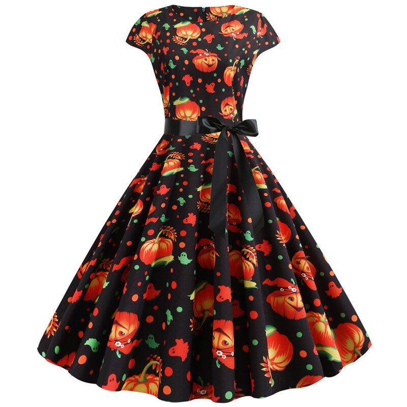 Dames Midi Kostuum Jurk met Geest en Pompoen Print voor Halloween 1