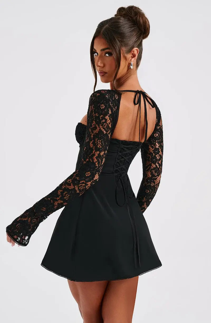 Dames Mini-jurk Bodycon met Kanten Mouwen en Vierkante Halslijn 3