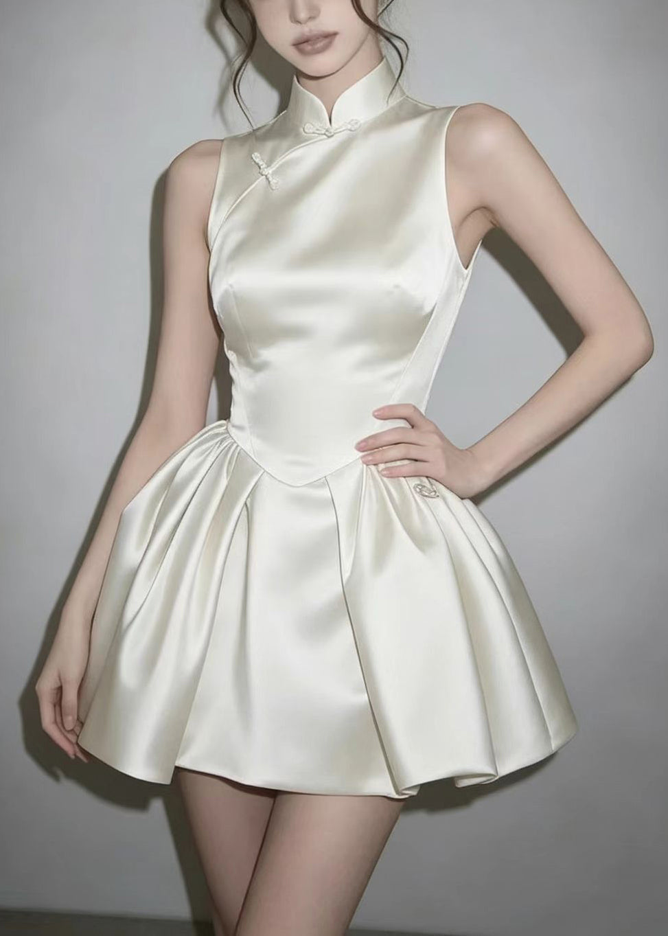 Dames Mini-jurk Mouwloos met Opstaande Kraag in Chinese Stijl 2