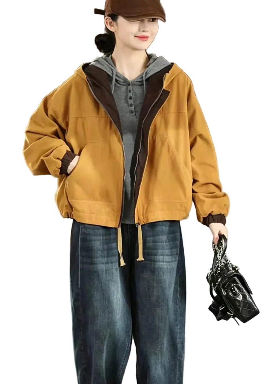 Dames Omkeerbare Corduroy Jas Met Capuchon Casual Patchwork 0