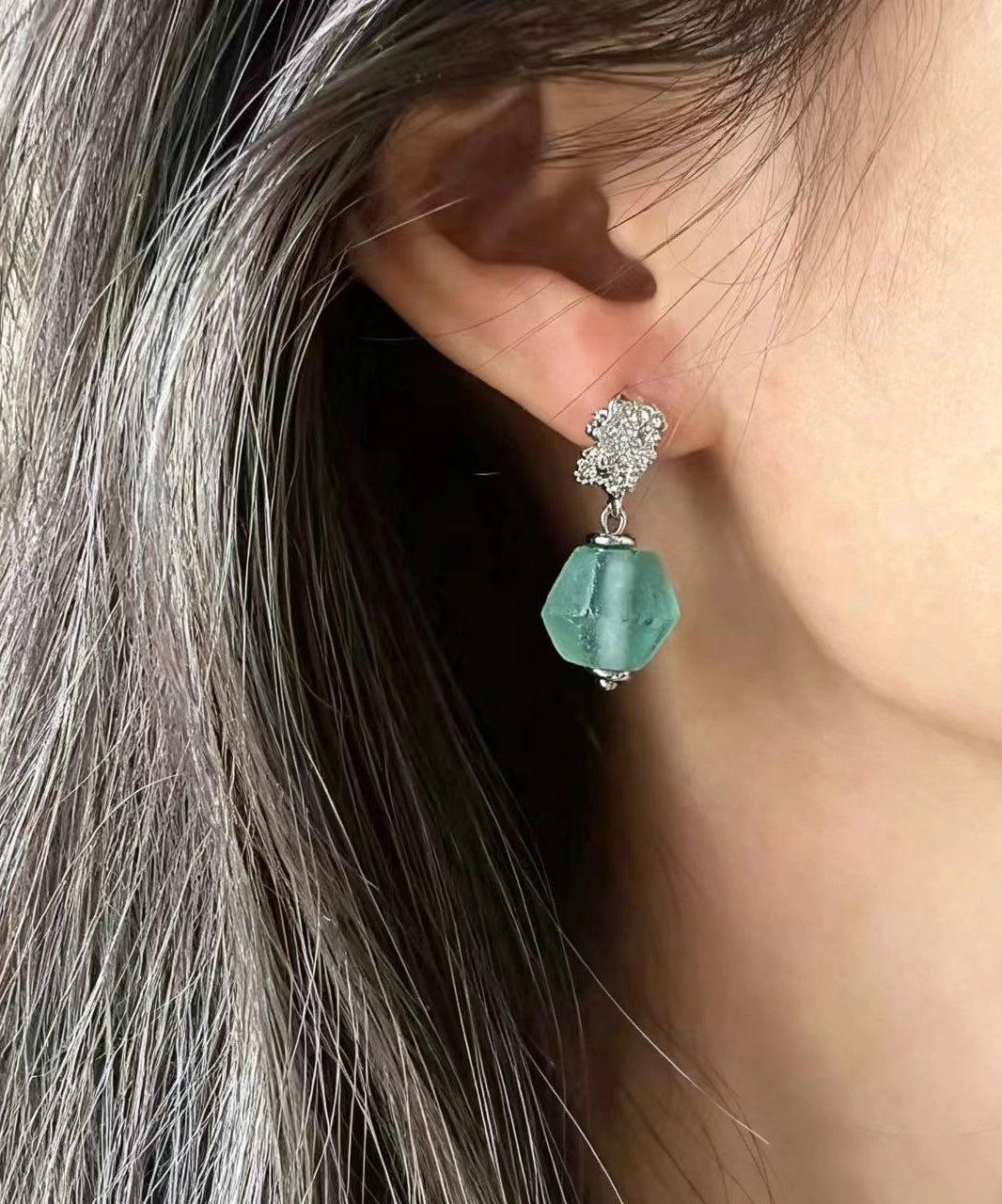 Dames Oorbellen Boho Stijl Groen Glas Met Zilveren Naald 0