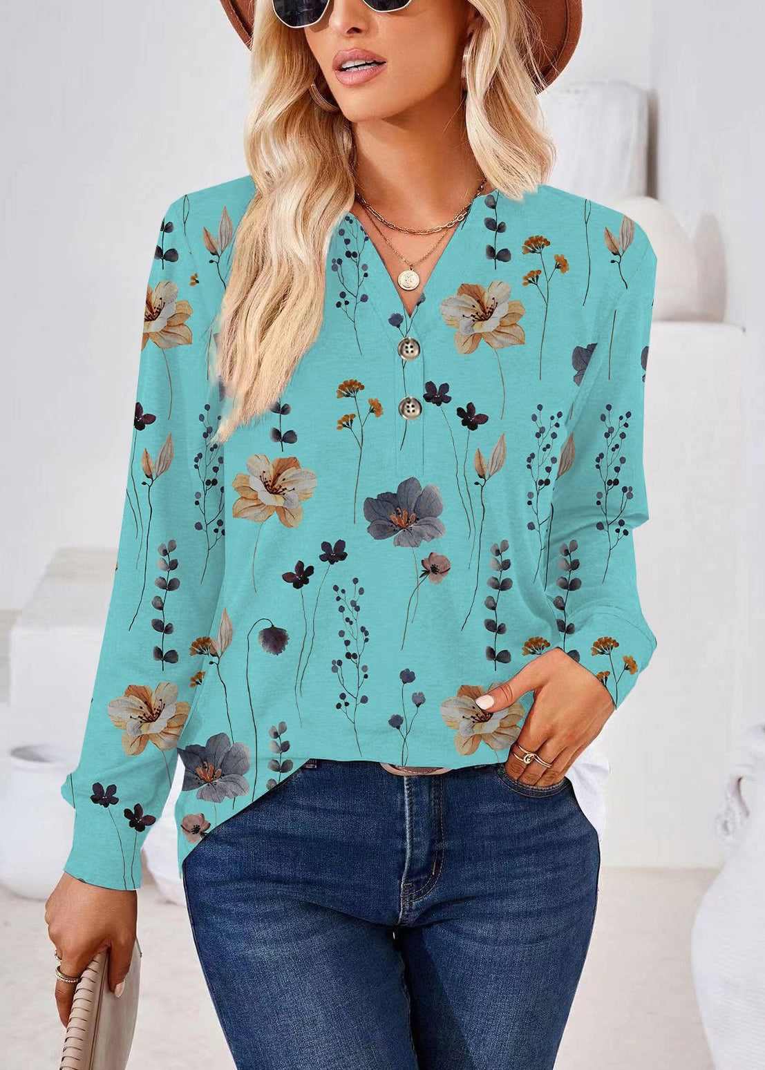 Dames Overhemd V-hals Print Grote Maten Herfststijl 3