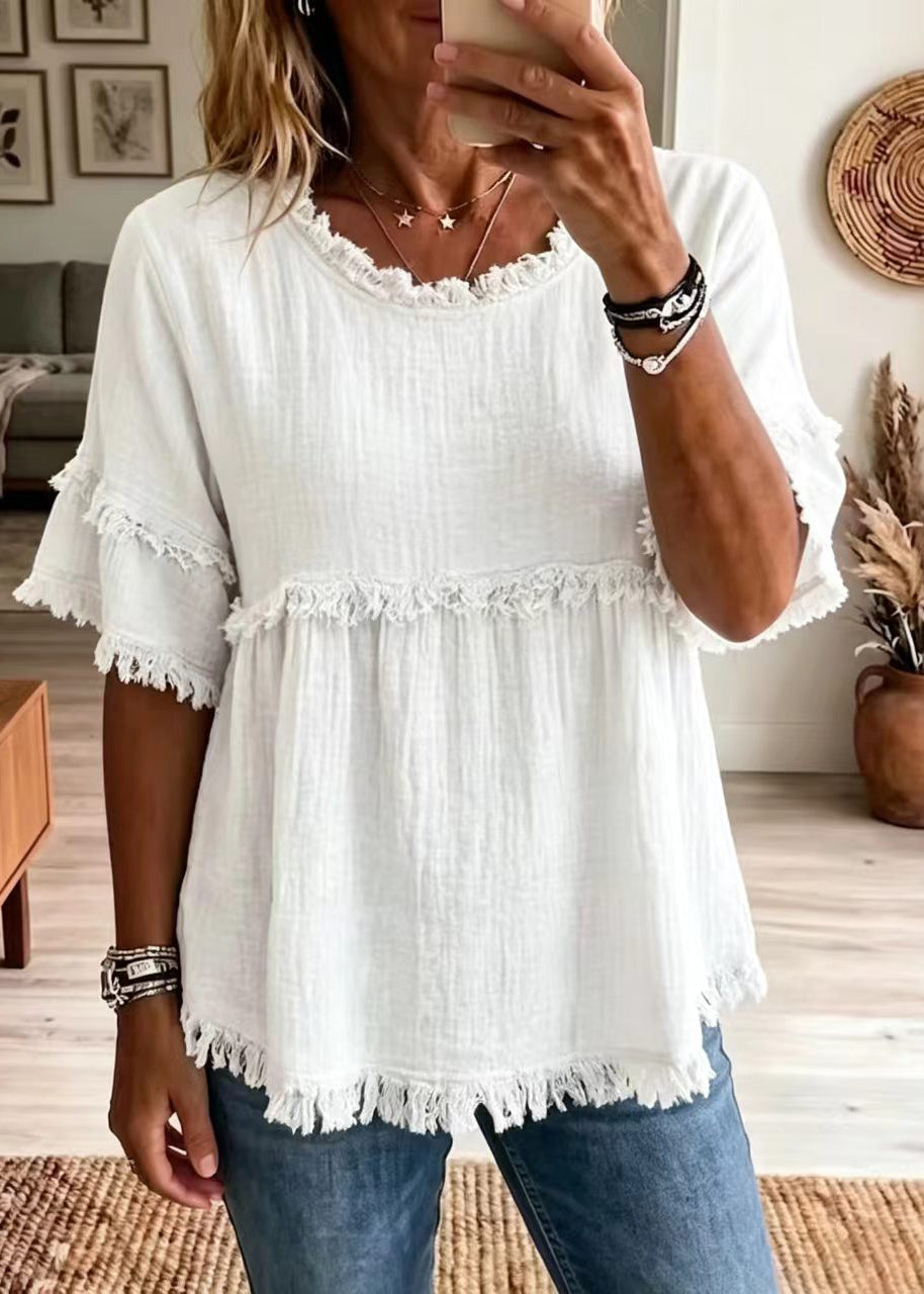 Dames Overhemdtop O-hals Met Kwastje Zomerse Stijl 1