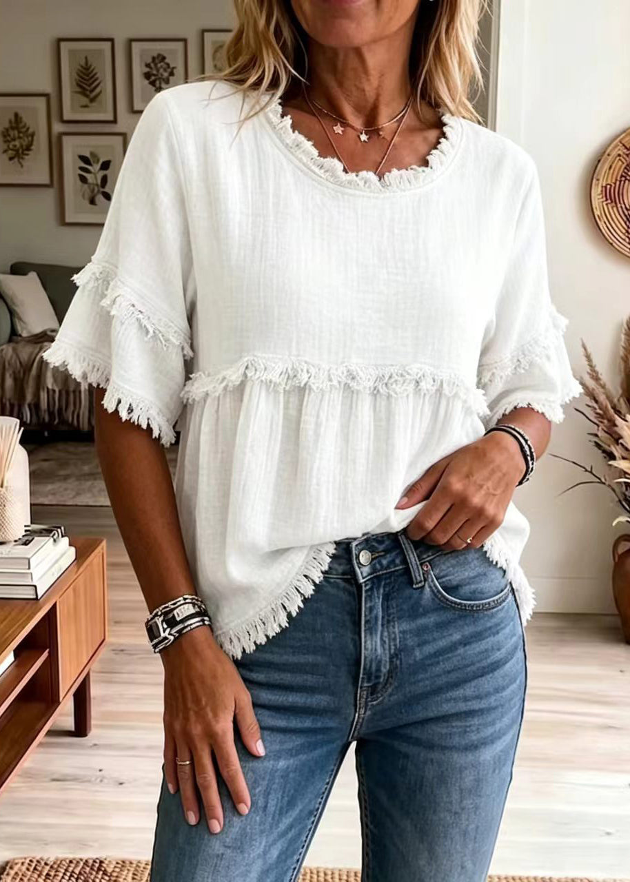 Dames Overhemdtop O-hals Met Kwastje Zomerse Stijl 3