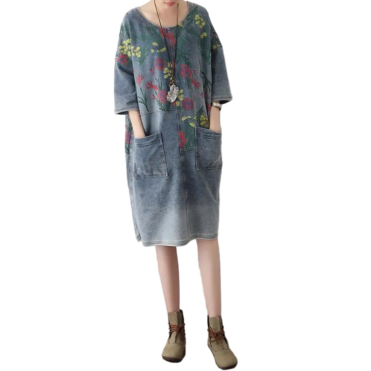 Dames Oversize Denim Jurk Bloemenprint Casual Herfststijl 0