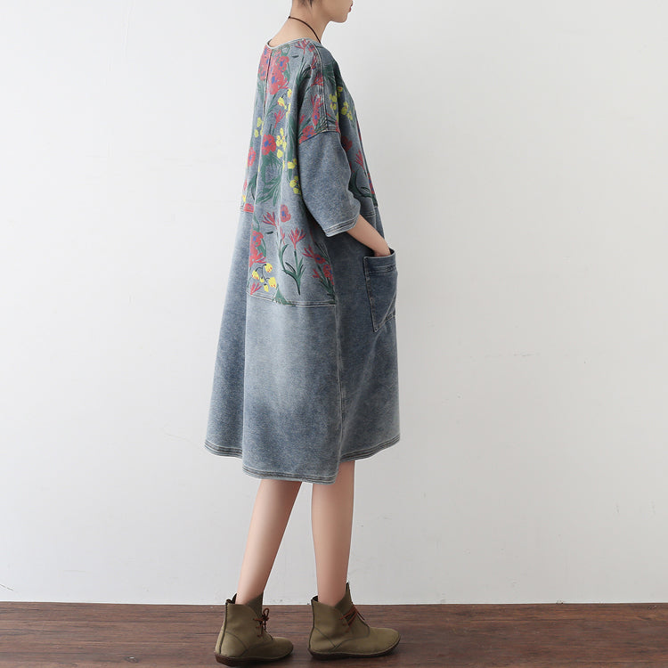 Dames Oversize Denim Jurk Bloemenprint Casual Herfststijl 1