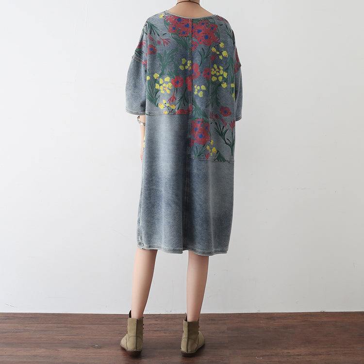 Dames Oversize Denim Jurk Bloemenprint Casual Herfststijl 3
