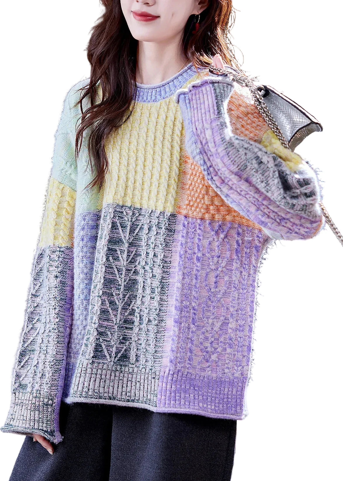 Dames Oversized Gebreide Trui Korte Stijl met Kleurblokken en Ruitpatroon 0