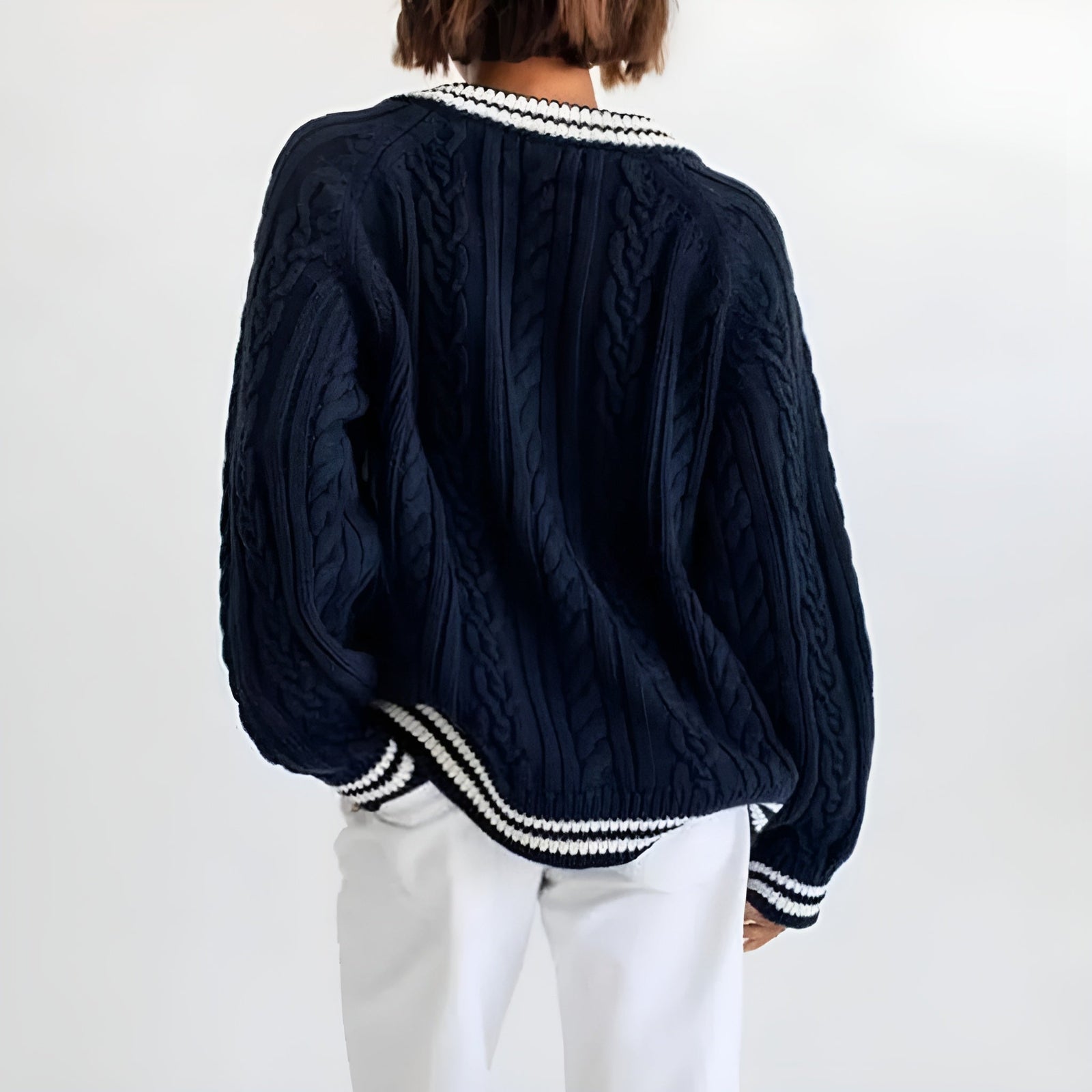 Dames Oversized Kabelgebreide Trui met V-hals 3