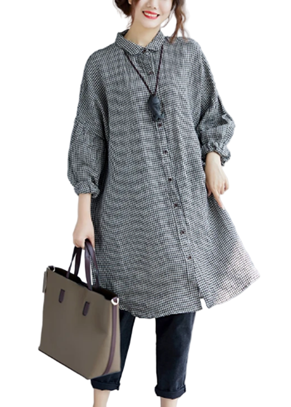 Dames Oversized T-shirt met Geruite Print en Omgeslagen Kraag 0