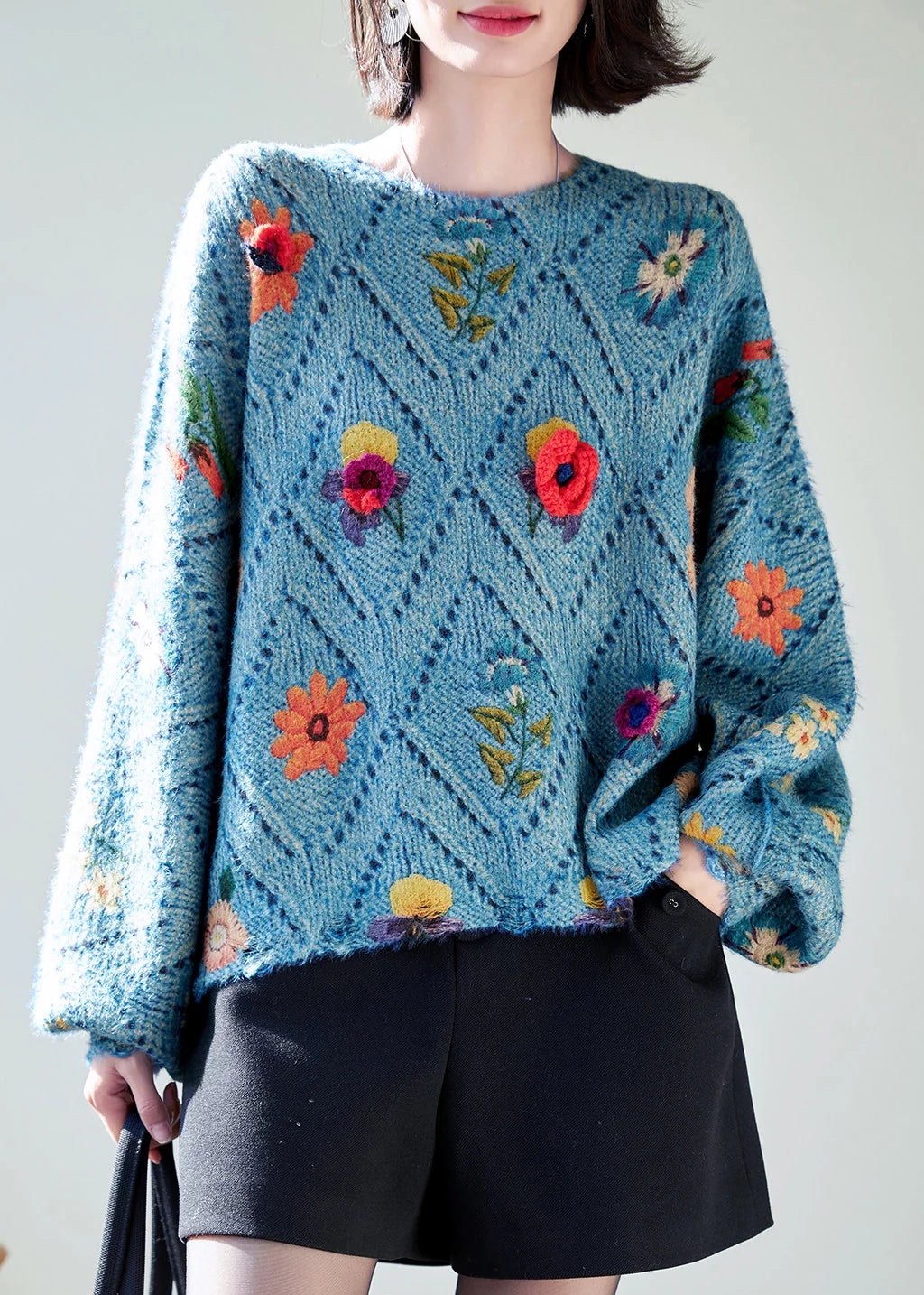 Dames Oversized Trui Gebreid Bloemenprint Herfststijl 3