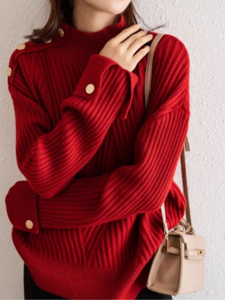 Dames Oversized Trui met Hoge Hals en Knoopdetails 2