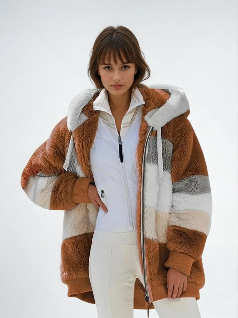 Dames Padded Plush Jas met Contrasterende Stijl 4