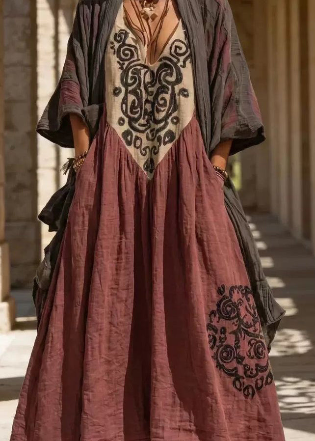 Dames Plus Size Koffieprint Vest en Lange Jurk Set 1