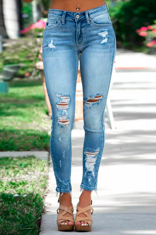 Dames Potloodjeans met Ruwe Zoom en Gescheurde Details 2