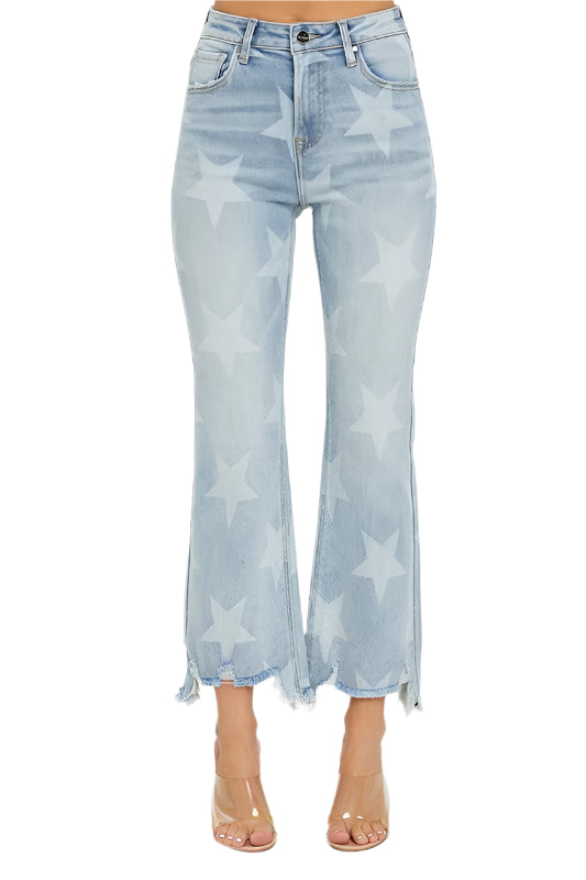 Dames Rechstreeks Jeans Met Sterrenprint Hoge Taille Licht Denim 0