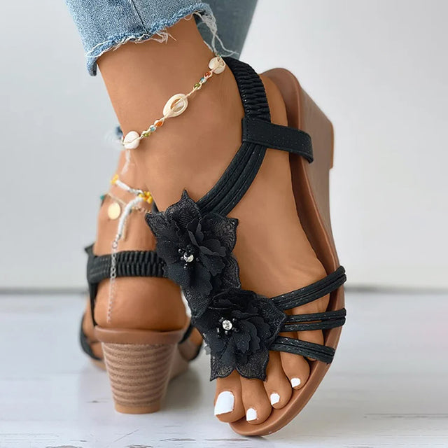 Dames Sandalen Sleehak Bloemendecoratie 5