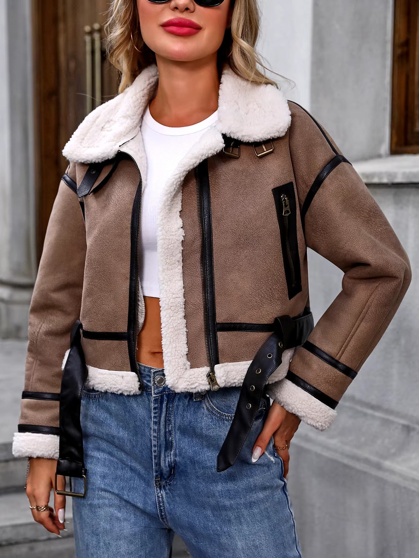 Dames Sherpa Jas Met Vintage Leren Accenten 1