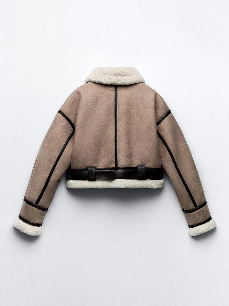 Dames Sherpa Jas Met Vintage Leren Accenten 5