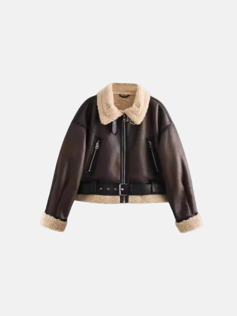 Dames Sherpa Jas Met Vintage Leren Accenten 6