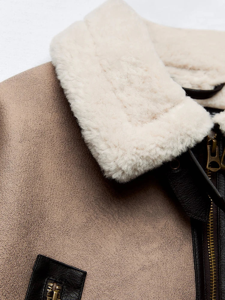 Dames Sherpa Jas Met Vintage Leren Accenten 8