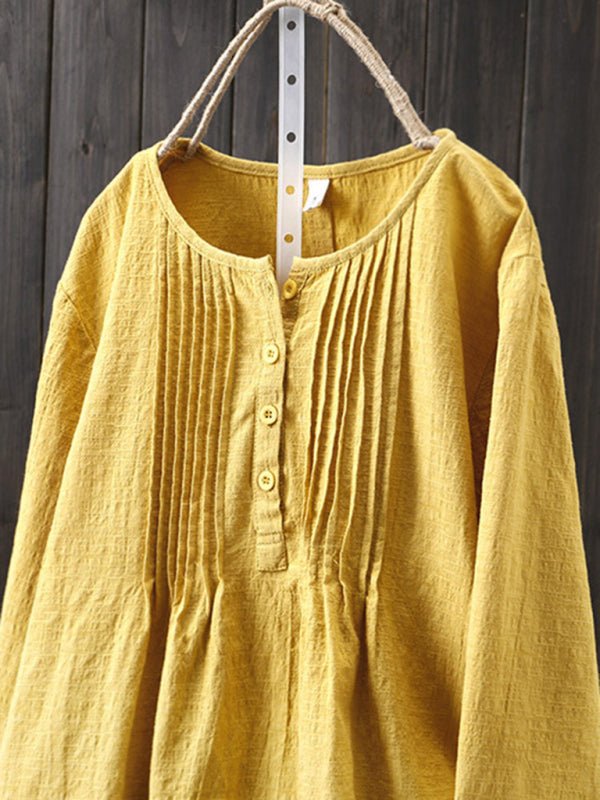 Dames Shirt Geplooid Ronde Hals Katoen Linnen Lange Mouwen 1