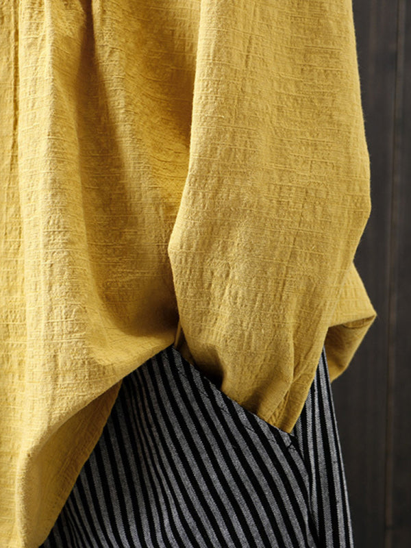 Dames Shirt Geplooid Ronde Hals Katoen Linnen Lange Mouwen 2