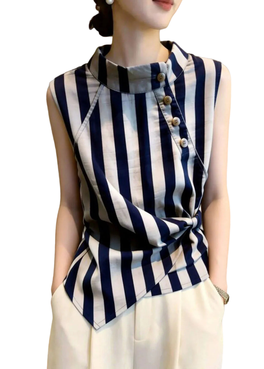Dames Shirt Opstaande Kraag Gestreept Casual Zomerstijl 0