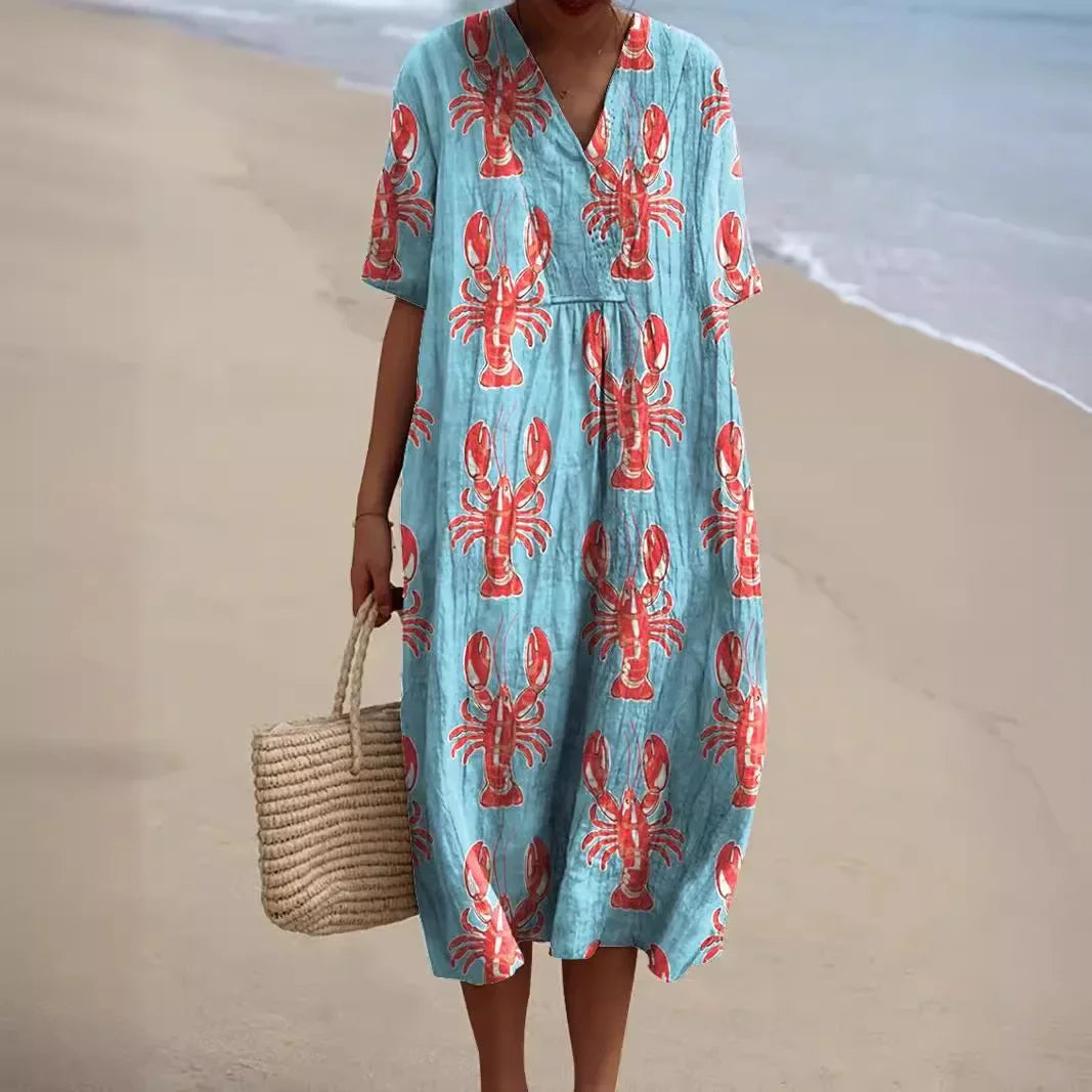 Dames Shirtjurk Korte Mouwen Plus Size Ademend Oceaanmotief Casual Zomerjurkjes 1