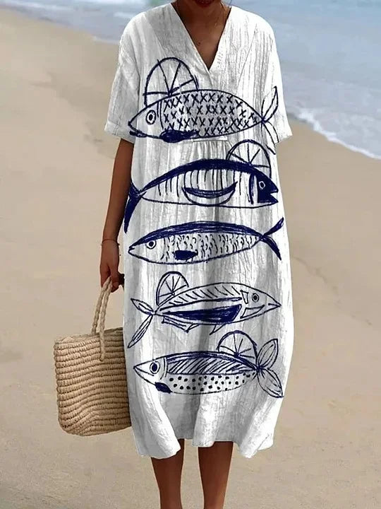 Dames Shirtjurk Korte Mouwen Plus Size Ademend Oceaanmotief Casual Zomerjurkjes 23