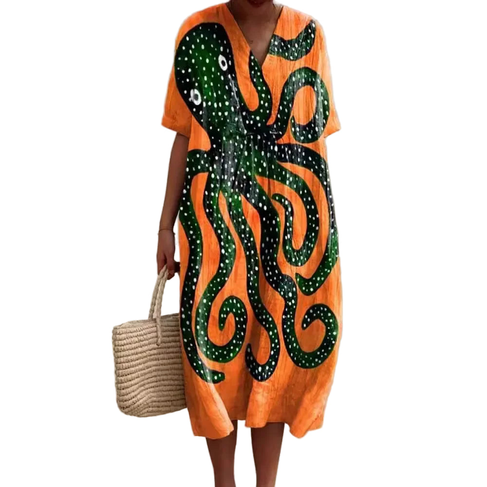 Dames Shirtjurk Korte Mouwen Plus Size Ademend Oceaanmotief Casual Zomerjurkjes 3